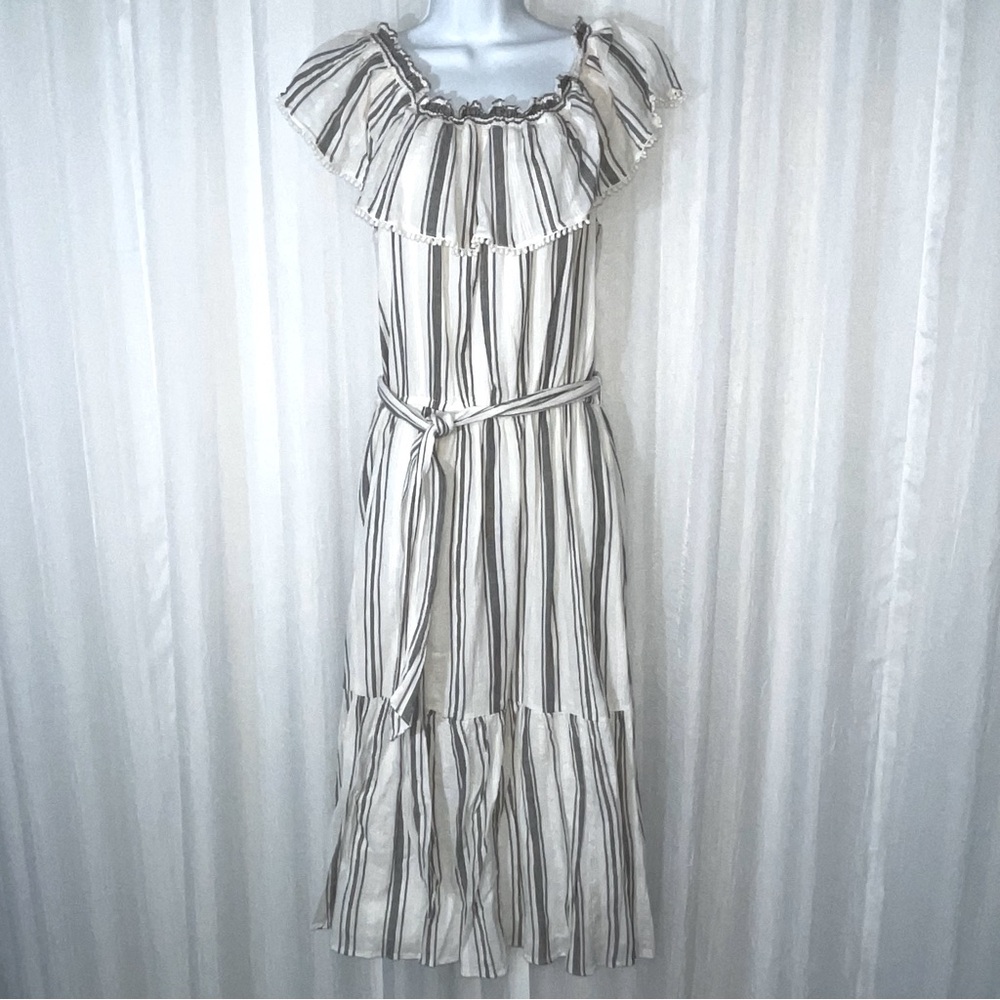 Ralph Lauren off sholder 100% Cotton Dress white gray lines bohemian style